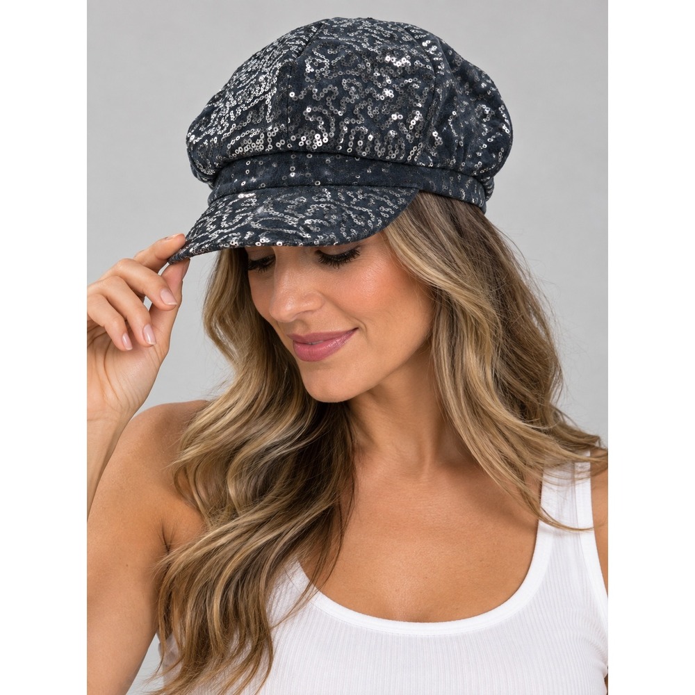 Something Special Gray Sequin Velvet Newsboy Cap Hat Women M/L Y2K Boho